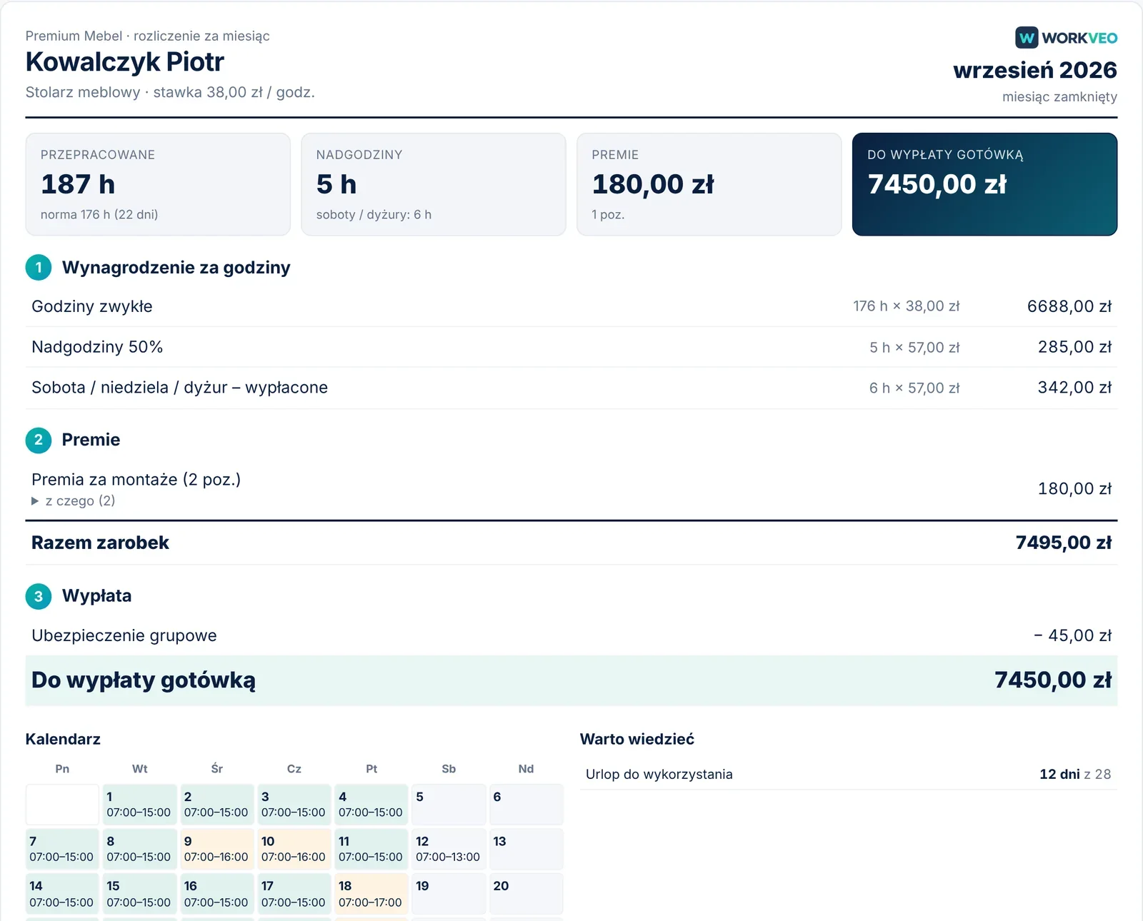 Karta rozliczenia pracownika w WORKVEO: godziny, nadgodziny, premie i kwota do wypłaty