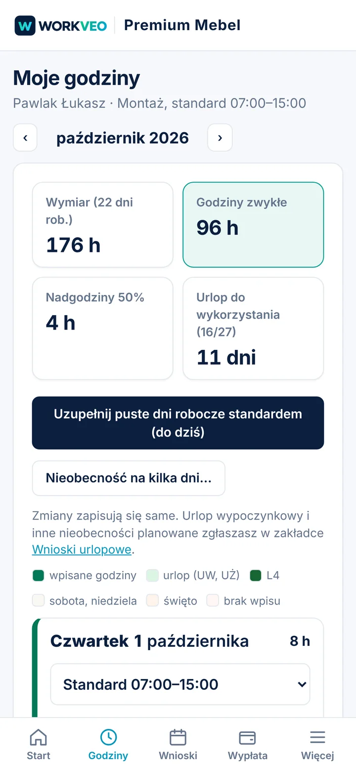 Ekran Moje godziny: wymiar 176 h, godziny zwykłe, nadgodziny i urlop do wykorzystania