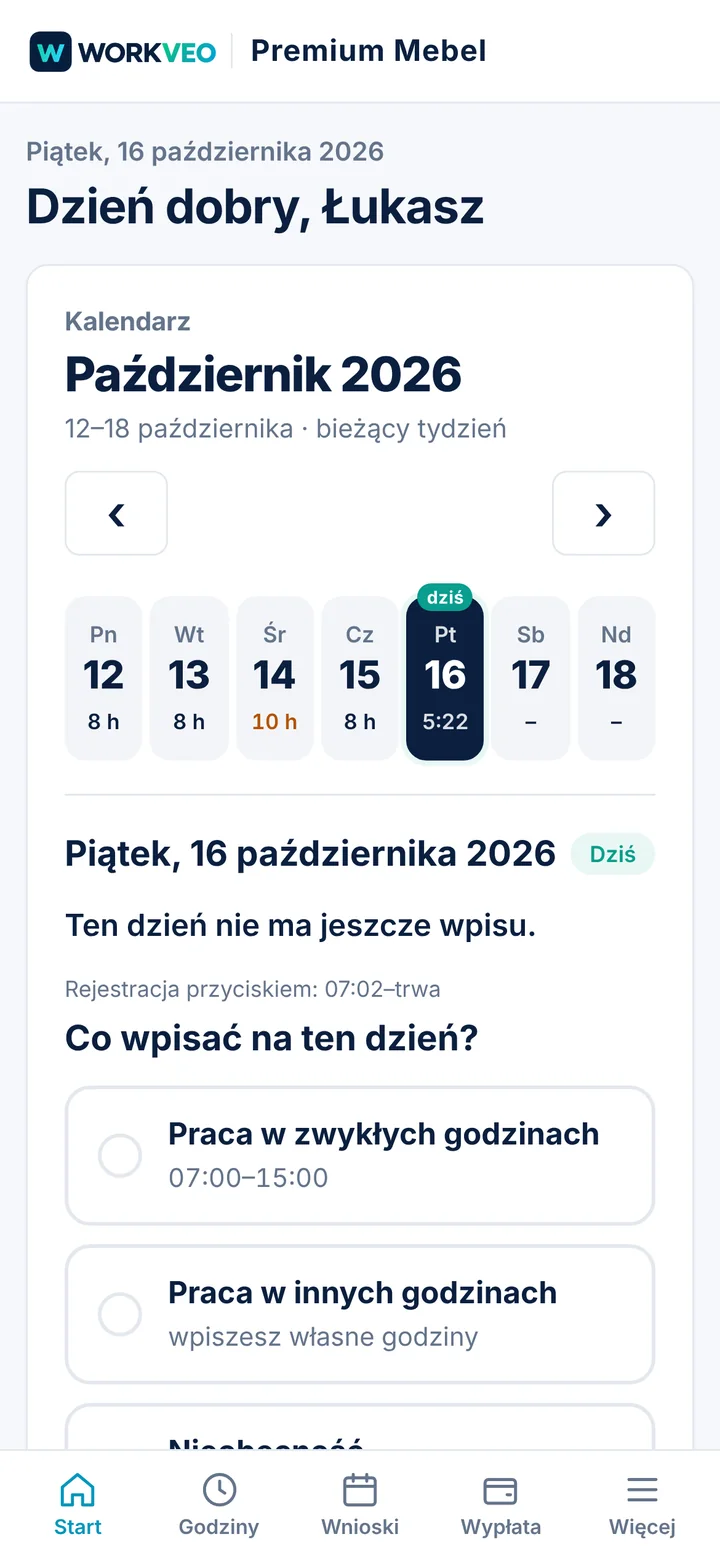 Ekran Start pracownika w telefonie: kalendarz tygodnia z godzinami i wybór wpisu na dziś