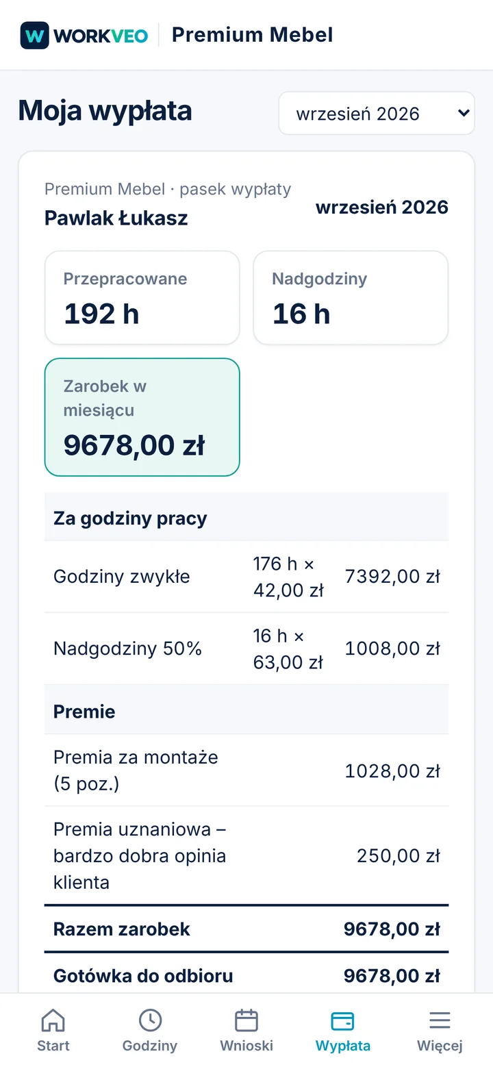 Pasek wypłaty w telefonie pracownika: godziny, nadgodziny, premia za montaże i premia uznaniowa z opisem